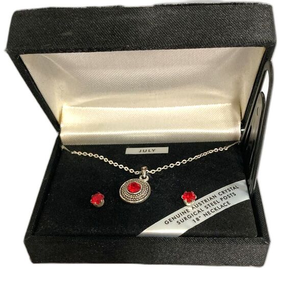 Australian Crystal JULY Ruby Birthstone Earrings and 18 inch Necklace Set - Picture 1 of 8
